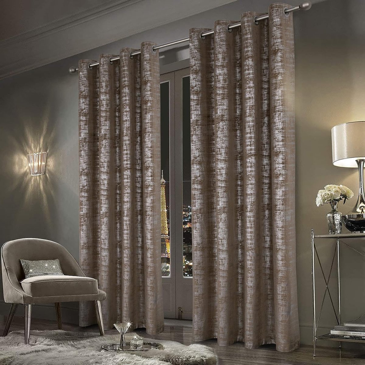 always4u 100% verduisteringsgordijnen van zilverkleurig fluweel, thermische isolatie, zachte en kreukvrije stof, dubbele gordijnen met oogjes, voor slaapkamer, woonkamer, keuken, vintage, mokkabruin,