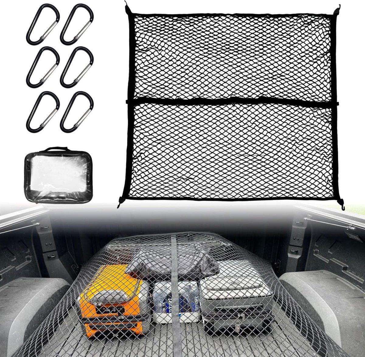 120 x 120 cm, zeer elastisch kofferbaknet, strekt zich uit tot 220 x 220 cm autonet met 4 robuuste haken voor pick-uptrucks, vrachtwagens, vrachtwagens, eenlaags
