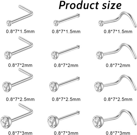 12 stuks chirurgisch staal neuspiercing, zilver, voor vrouwen, neuspiercing met schroefdraad, recht of L-vorm — afbeelding 4