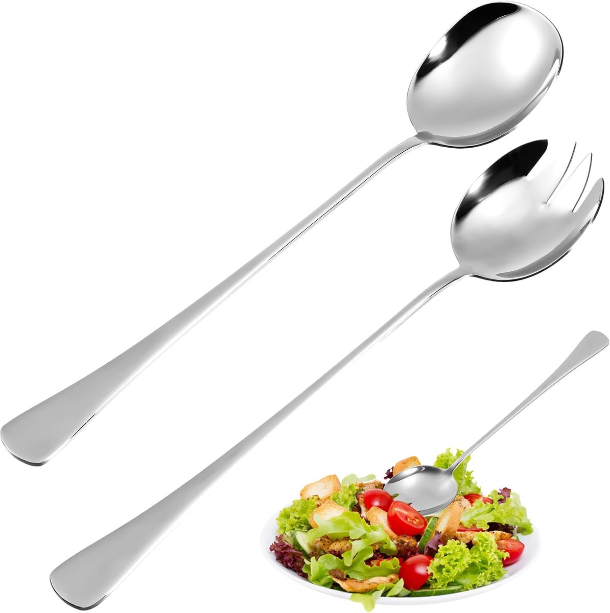 Saladebestekset, roestvrij staal, 28 cm, 2 stuks, grote opscheplepel, slalepel, roestvrijstalen lepel met lange handgrepen, tafelbestek voor familie, hotels, restaurants