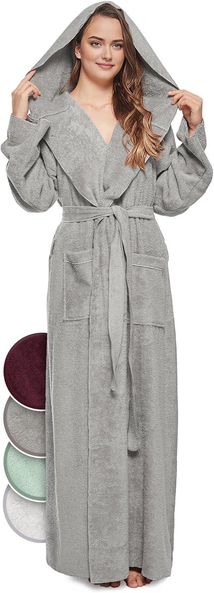 Badjas voor dames, 100% katoen (340 g/m²) met capuchon, extra lang, Oeko-Tex, wollige badjas, saunajas, ochtendjas, huisjas