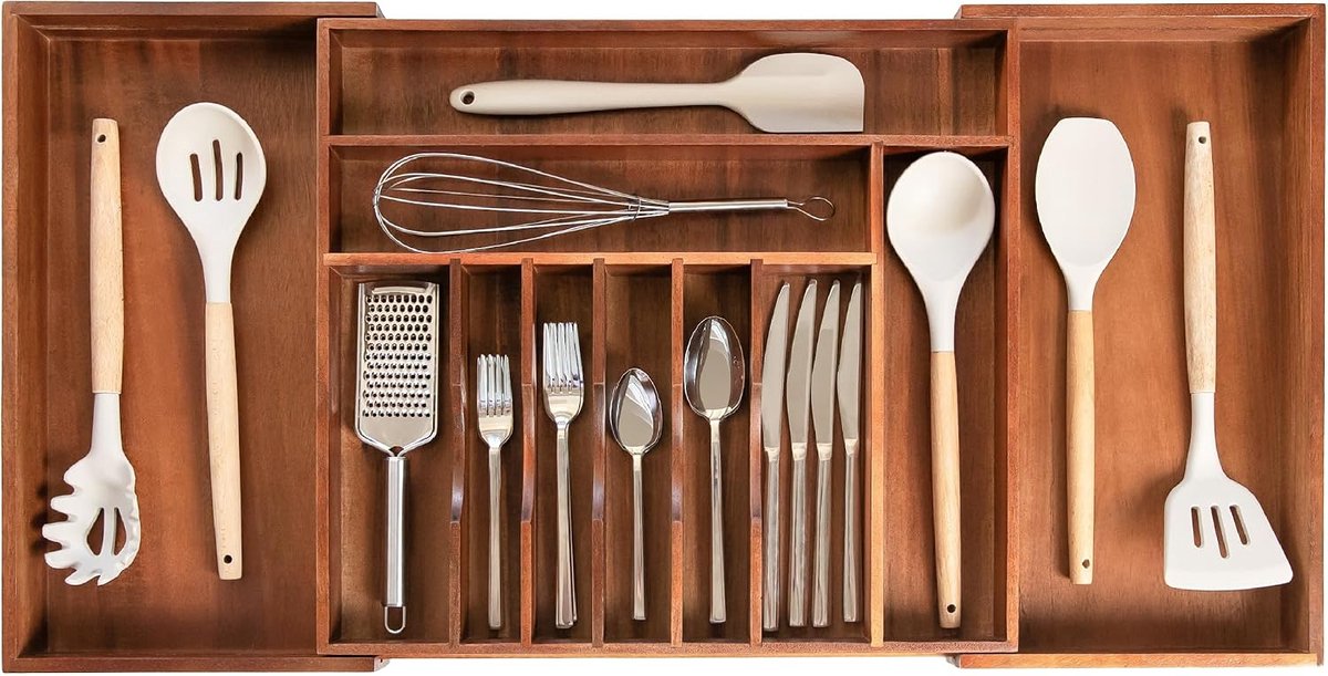Premium organizer voor zilverwerk, bestek en keukengerei in keukenladen, voedselveilig en voor professioneel gebruik, uitbreidbaar van 46 tot 84 cm, natuurlijke acacia | Bestek, bestek, voedselveilig contractkwaliteit, keuken lade fit
