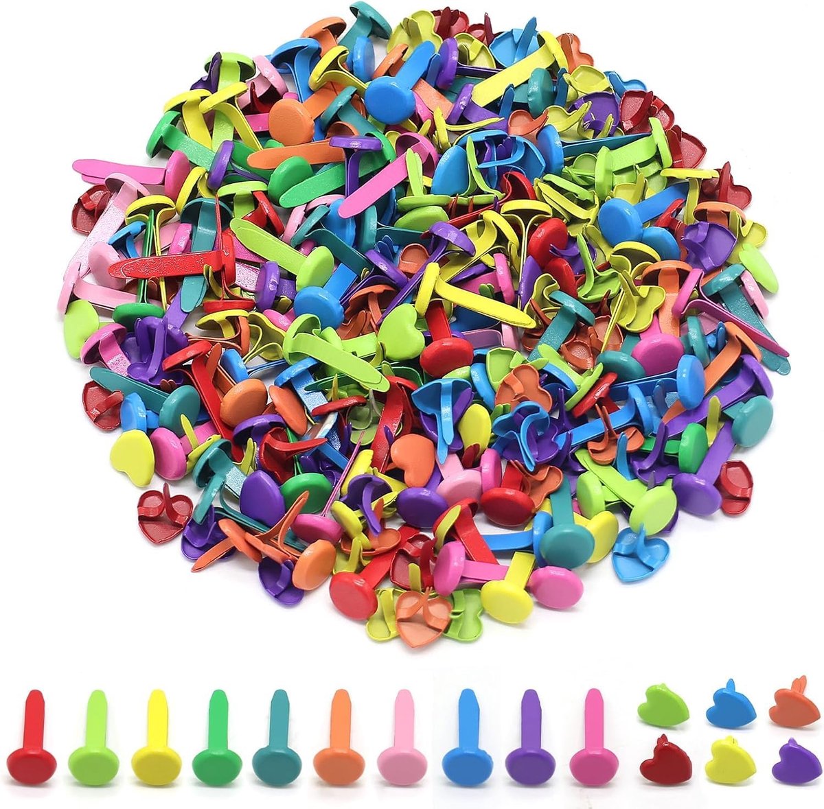 Set van 300 kleurrijke pastelkleurige Parijse clips, met 200 ronde Parijse clips en 100 brads in hartvorm, papieren houders voor scrapbooking, kaarten maken, handwerk, kinderen