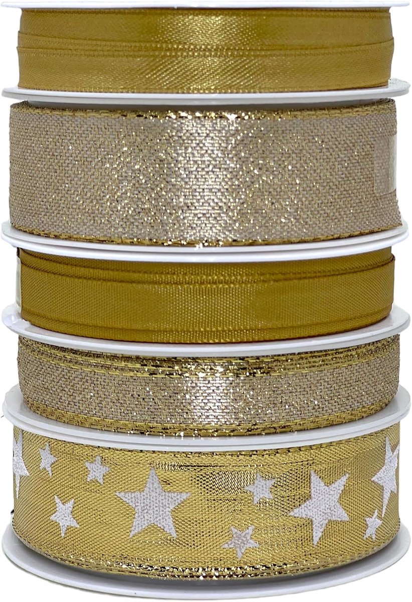 ringband, polyband, cadeaulint, cadeaustrikken voor knutselen en verpakken, glanzend en mat gesorteerd (goud, 5 rollen lint elk 3 m)