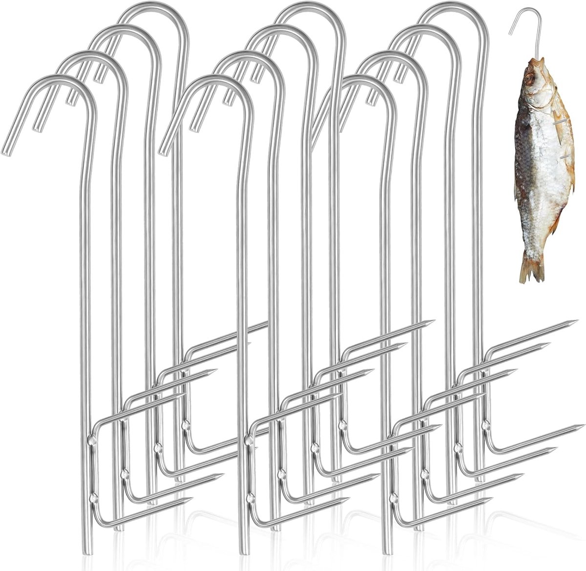 12 stuks roestvrijstalen rookhaken, vishaken 21 cm zilver voor het ophangen van gerookte vis, vlees, worst etc
