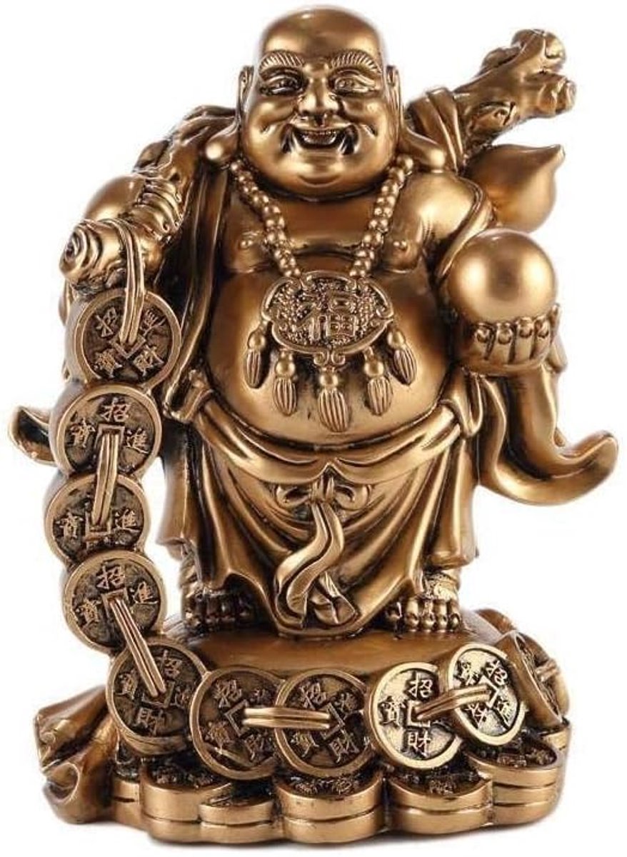 lachineuse - Lachende Boeddha beeldje - Boeddhistische tradities - Chinese sappen - Feng Shui symbool geluk & fortuin in huis - van gouden hars 16,5 cm - Decoratief idee en cadeau China, Azië