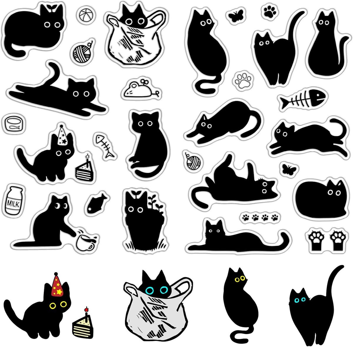 2-delige zwarte kat heldere rubberen stempels herbruikbare schattige kattenkoten cartoon transparant siliconen stempelzegels vintage voor journaling, kaarten maken, decor DIY scrapbooking