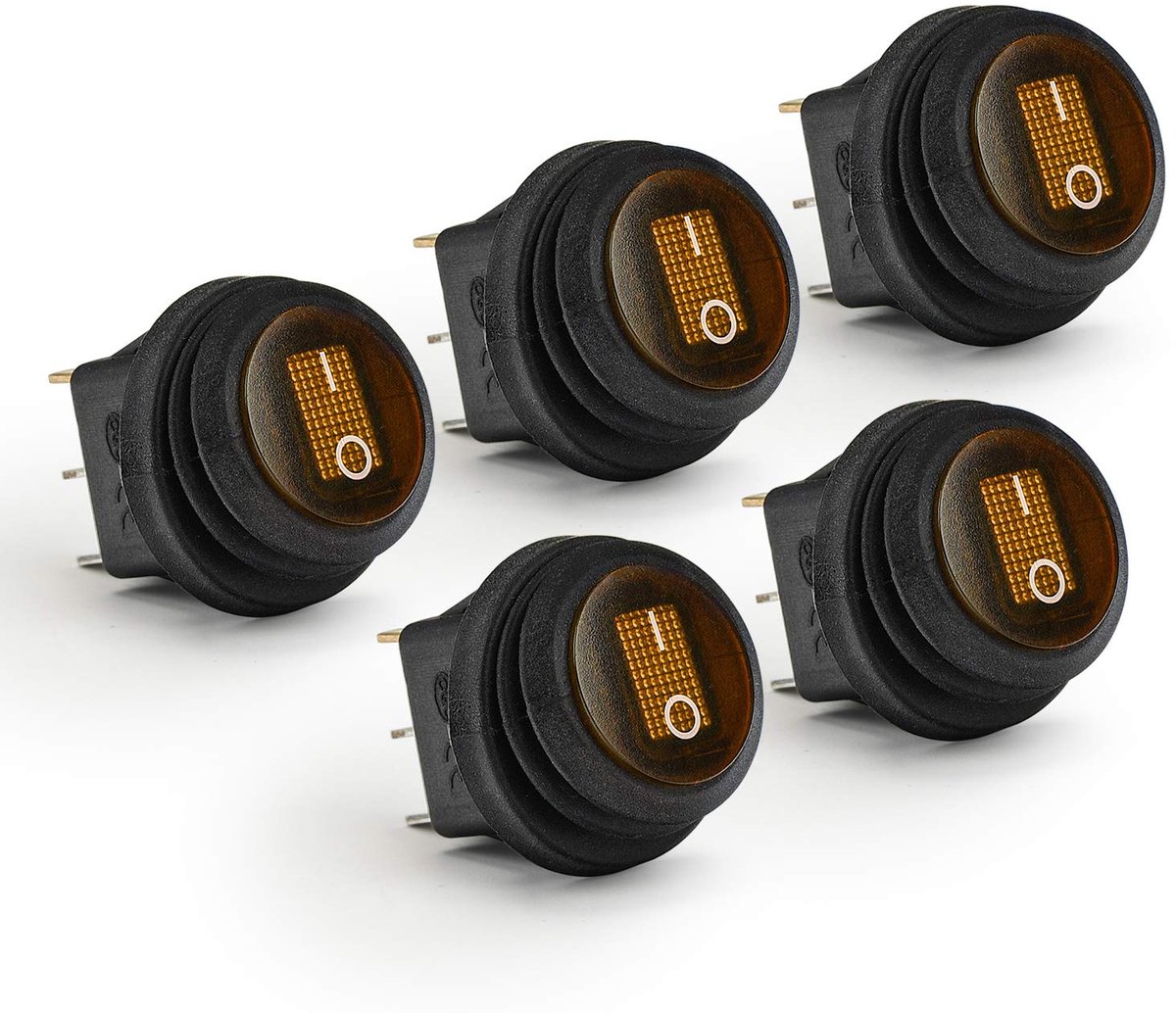 KCD1-8-101NW Set van 5 waterdichte ronde tuimelschakelaar 2-voudig ON-OFF met 3-polige SPST led-schakelaar, 12 V, 20 A, voor auto, boot, huishoudelijke apparaten (geel)