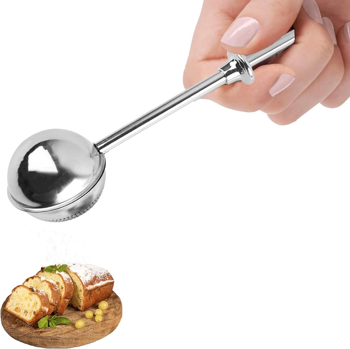 meelmengzeef voor de bakkerij, bakkerij-stofveegdispenser met veerbediende greep, eenhandbediening, roestvrij staalgewürzen, suikerzeef, stomer, theeballen