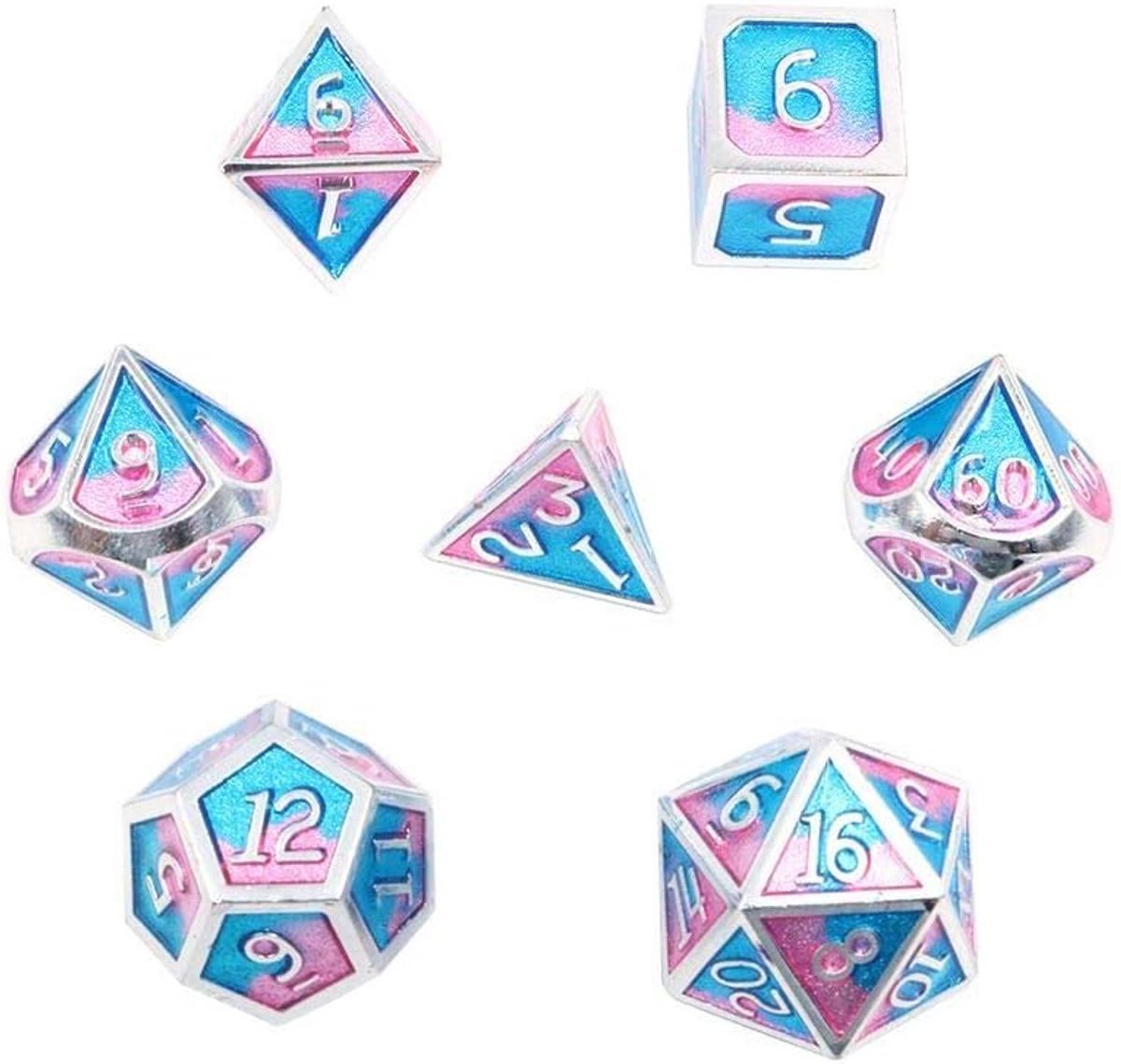 7-delige metalen dobbelstenen set DND-spel polyhedral massief metalen D&D-dobbelstenen set met opbergzak en zinklegering met emaille voor rollenspel Dungeons and Dragons (dubbele kleurenmix