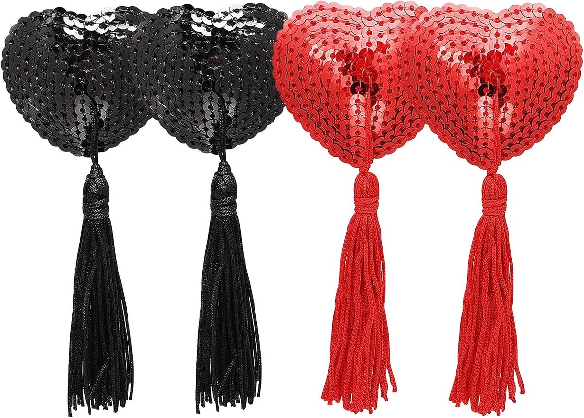 Borst Pasties, Zelfklevende Tepelhoezen met Kwastje Herbruikbare Vrouwen Sexy Pailletten Kwastje Hartvormige Lingerie Borst Bloemblaadje Pasty Tepelkwastjes voor Vrouwen (zwart rood)