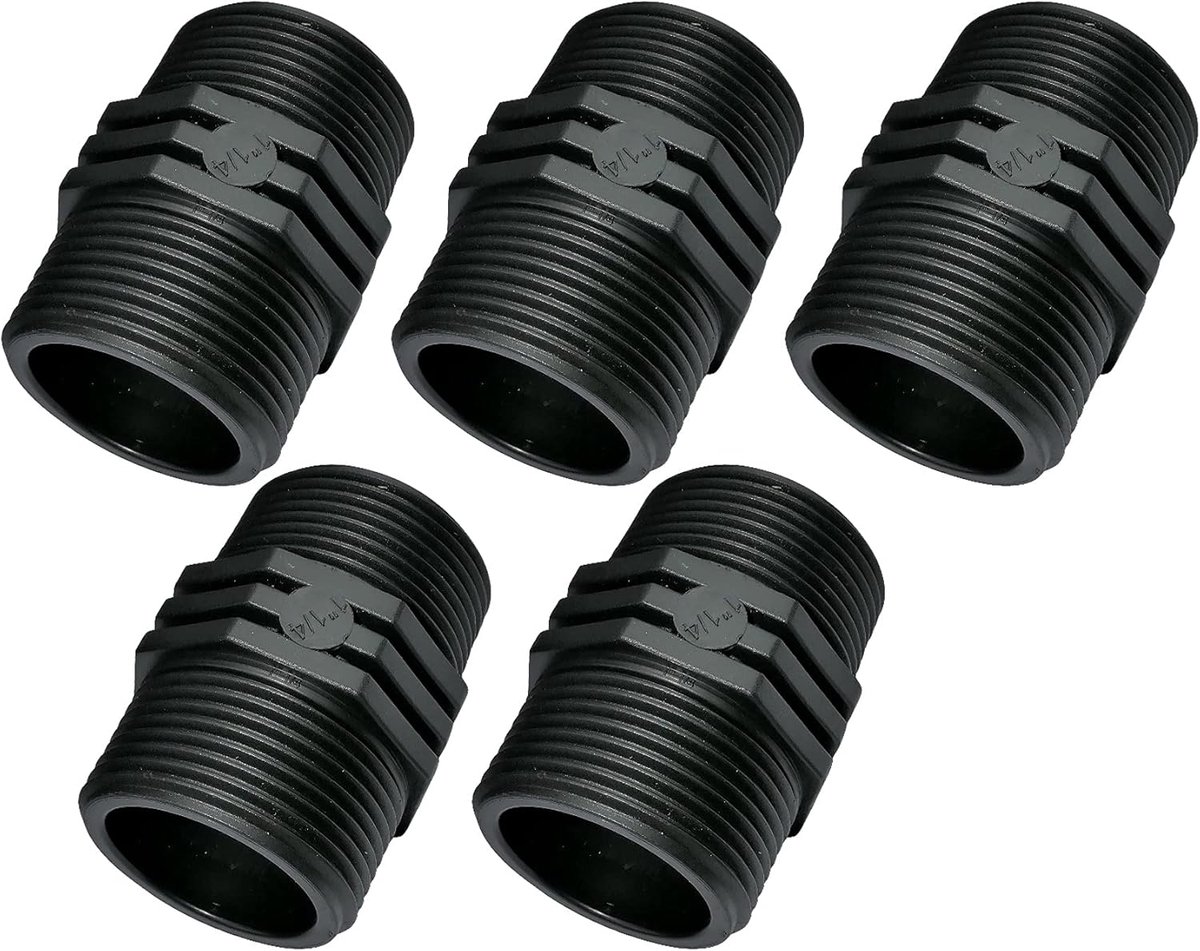 - C51980 - Set van 5 - Gelijke nippel met kunststof schroefdraadaansluiting - dubbele buiten-/buitendraad - 1 1/4"x1 1/4'' - PN10 staven - Knelfittingen schroefaansluiting