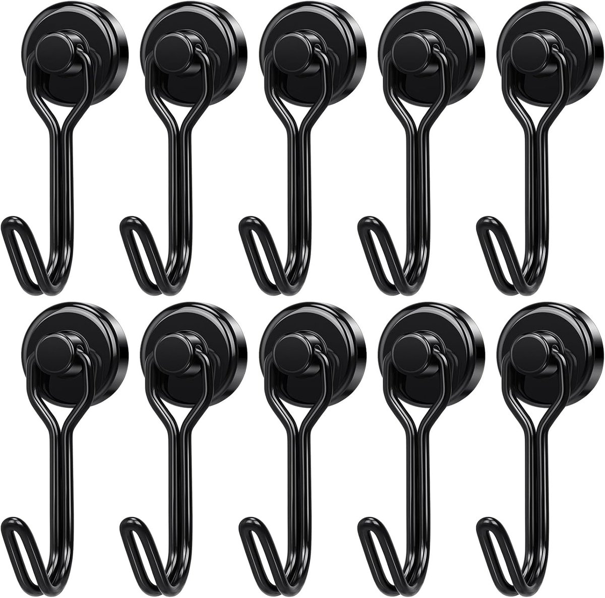 Silwy Magneethaken, 16 mm, extra sterk, 10 stuks, zwart, zeer sterk, 9 kg, sterke magneten met haken, Silwy haken voor camping, magazijn en keuken