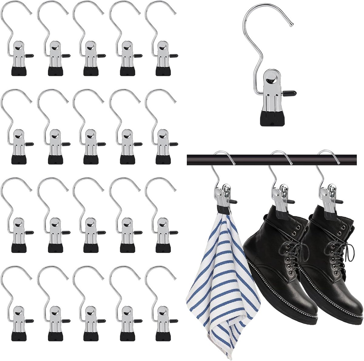 20 stuks kleerhangers, schoenklemmen, multifunctionele metalen kleerhangers, 360° draaibaar, 2-in-1 design met klem en haak, geschikt voor kleding, schoenen, broeken, handdoeken (zilver)