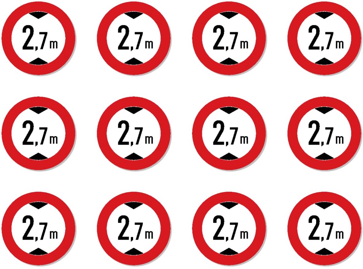 diameter 25 mm, 12 stuks - maximale doorrijhoogte/verbod voor te hoge voertuigen - 2,7 m - meter - StVO teken Z-265