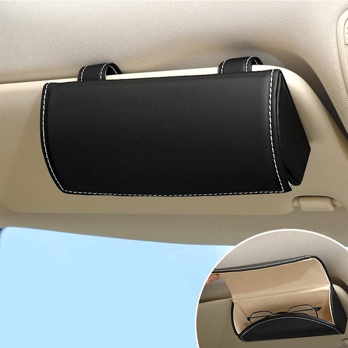 ontto Bril houder voor auto zonneklep universeel PU lederen auto zonnebril brillenetui brillenbox opbergdoos organizer met magnetische functie interieur accessoires voor SUV RV vrachtwagen zwart