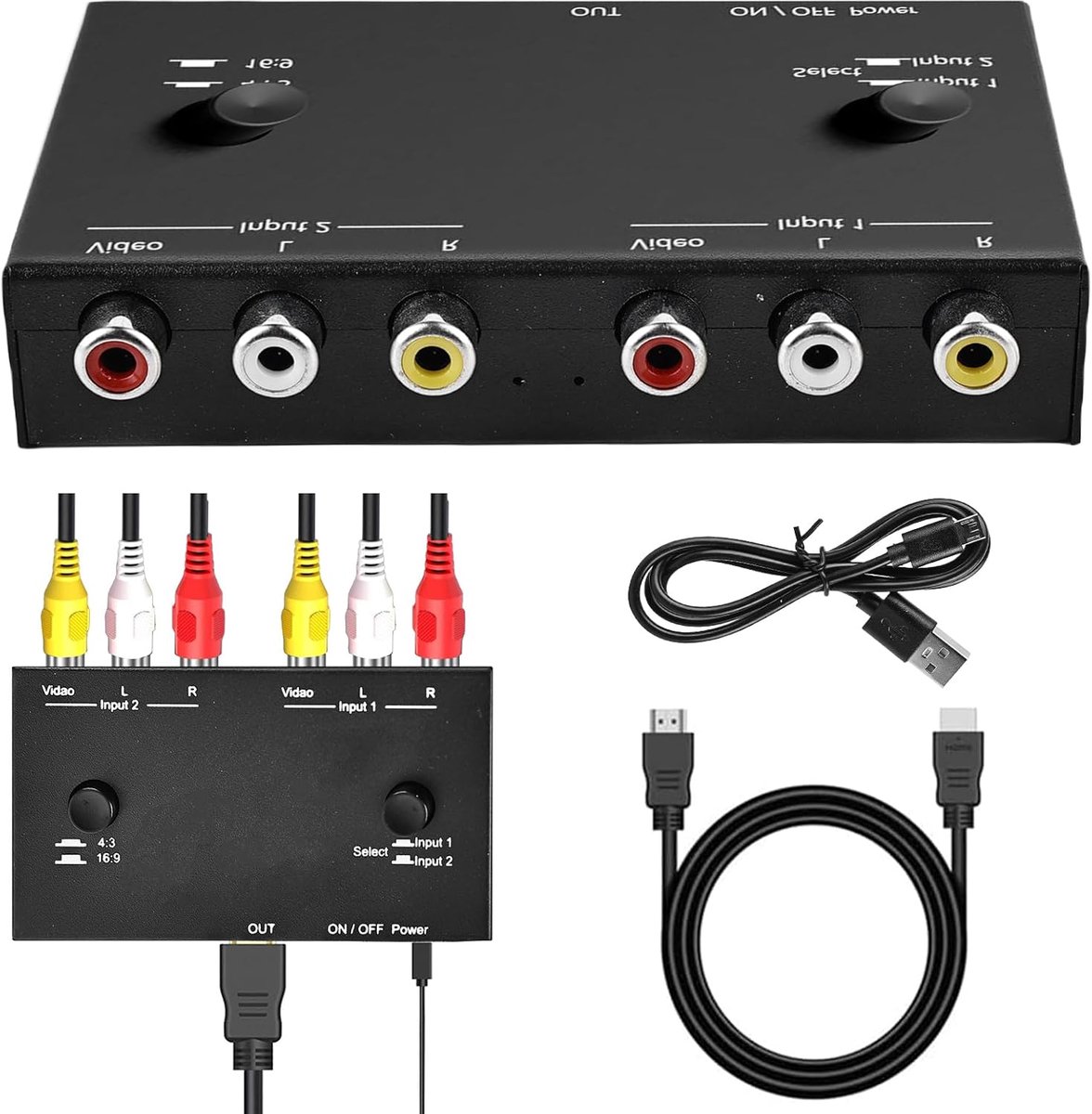 RCA naar HDMI-converter, dual AV naar HDMI-adapter, Wii HDMI-adapter, ondersteuning 1080P 60Hz, 16:9/4:3 voor WII/N64/PS 1/PS2/PS3/STB/Xbox/VHS/VCR/DVD enz.