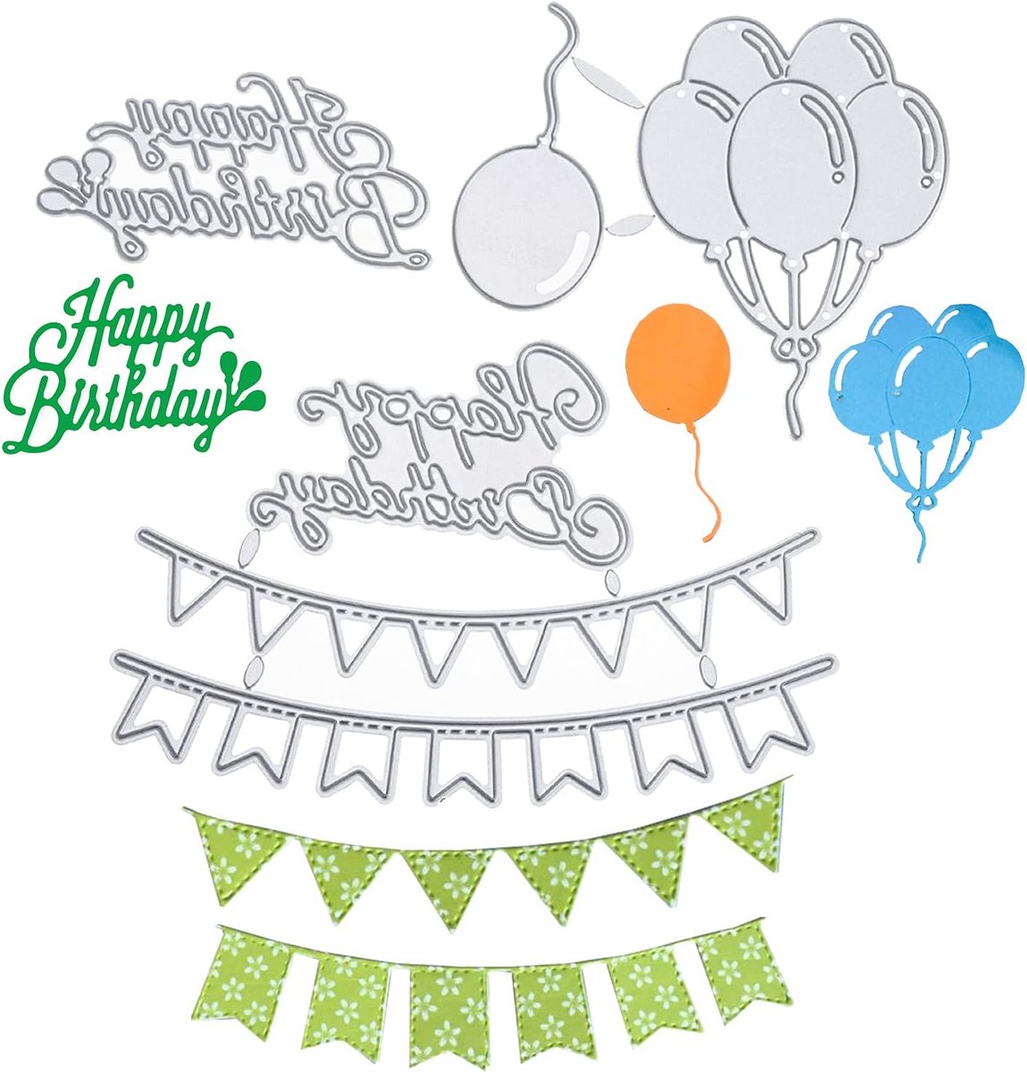 3 stuks stanssjablonen, luchtballon, wimpelketting, set stansvormen, Happy Birthday-slinger, snijden, reliëf, sjabloon, stanssjablonen voor verjaardag, scrapbooking, fotoalbum, kaarten, decoratie
