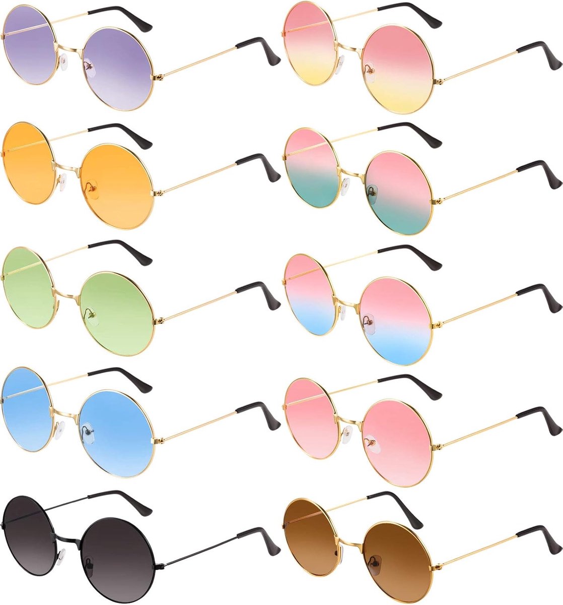 10 Paar Ronde Hippie Zonnebril Cirkel Gekleurde Glazen John 60's Stijl (Gouden Lijst 2)