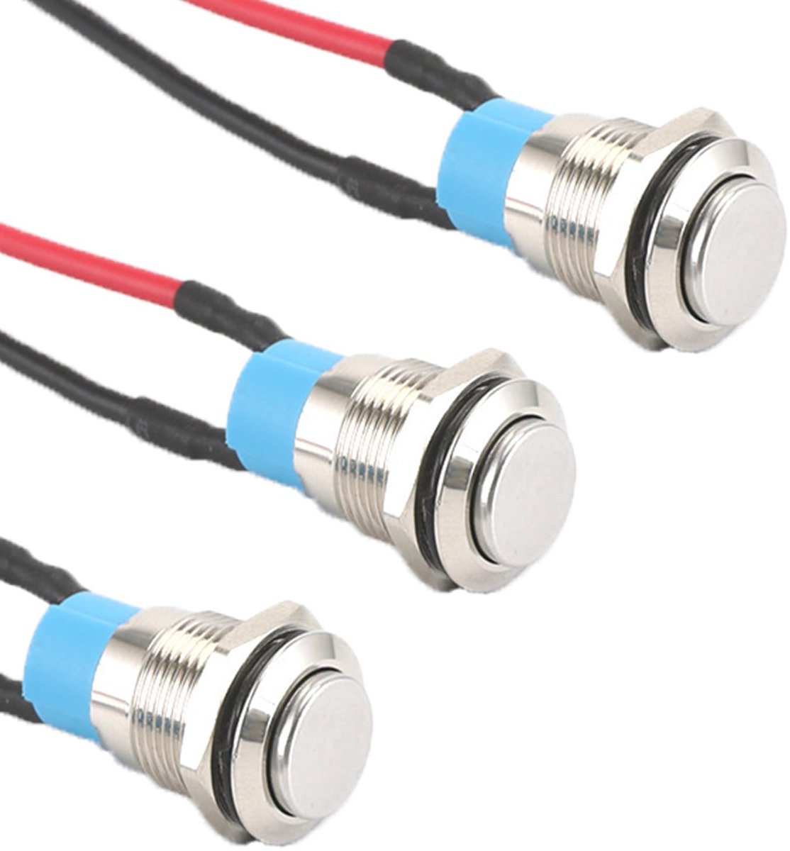 3 stuks 12 mm waterdichte schakelaars, drukschakelaar, zelfborgende roestvrijstalen knopschakelaar, 12 V/230 V, geschikt voor claxons, autobellen, auto's enz., met draad (oversteend)