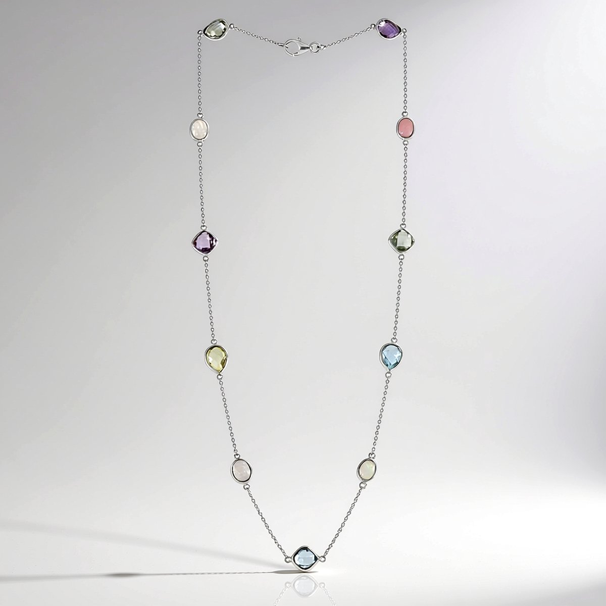 Cavill - Zilveren Halsketting - 925 Sterling Zilver - Limoenkwarts Peervormig 1,176 ct - Roze Opaal, Groene Amethist - Elegante Edelsteen Ketting