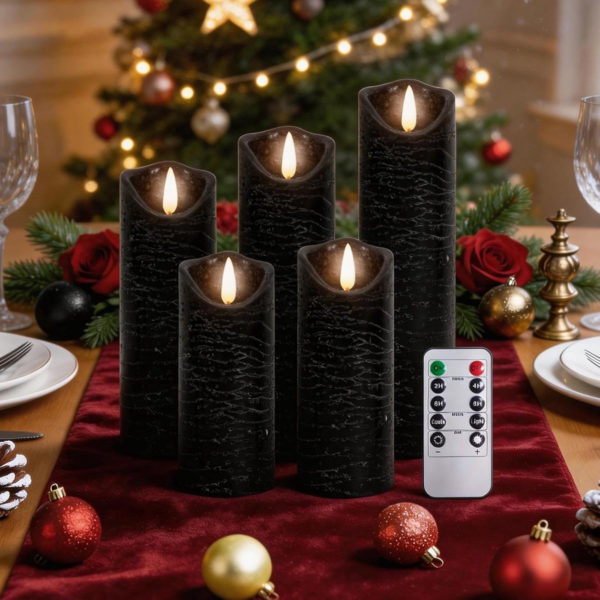 5-delige set, vlamloze kaarsen, batterijkaarsen, 24 uur timerfunctie met afstandsbediening, dansende vlam, led-staafkaarsen, woondecoratie, Kerstmis, verjaardag, feest (zwart)