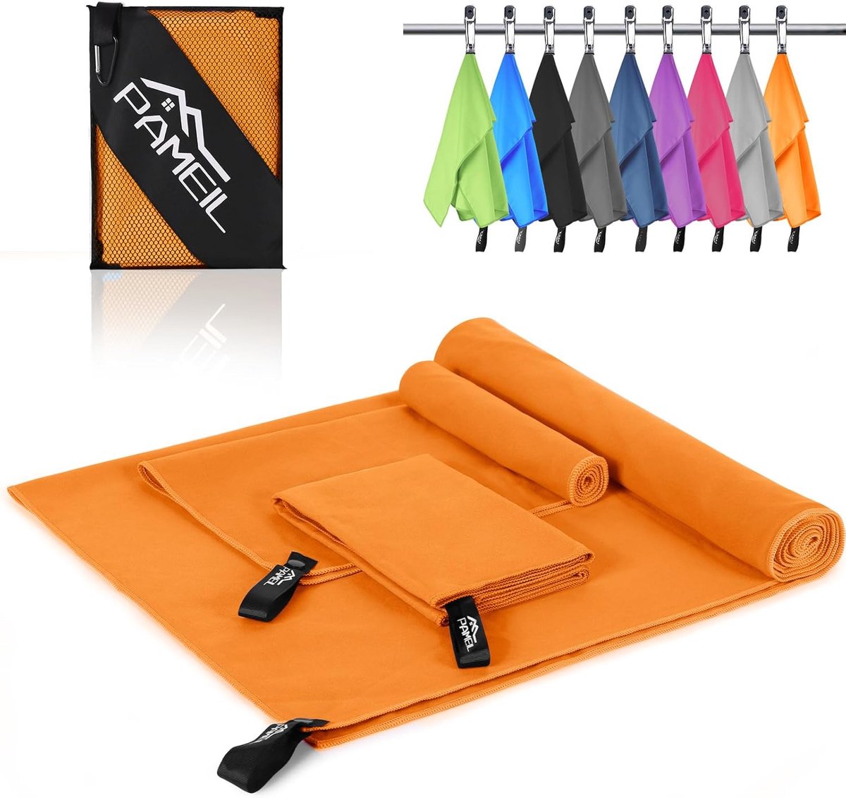 SnelShoppen - Microvezel handdoek set van 3 - Sneldrogend grote badhanddoek (160 x 80 cm) + 2 kleine handdoeken (80 x 40 cm) - Oranje reishanddoek voo