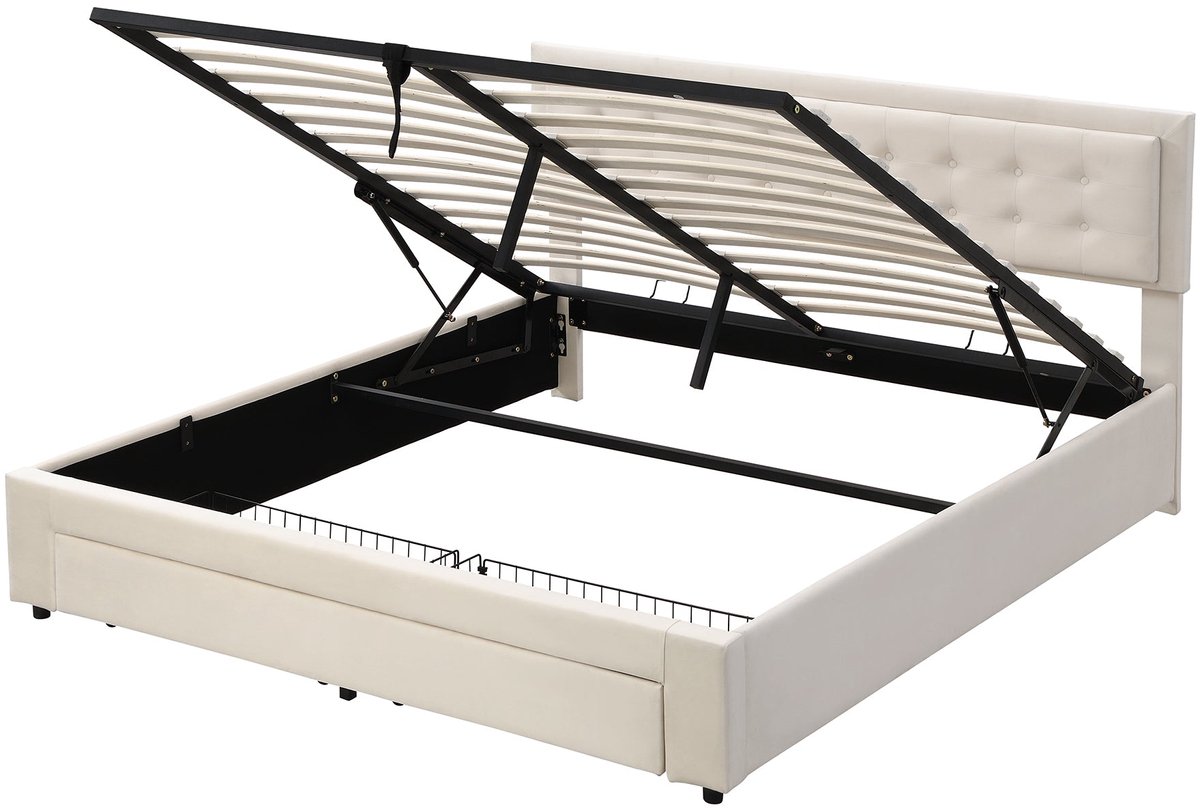 Merax Gestoffeerd Bed 180x200 cm - Bed met Opbergruimte - Fluweel - Houten Lattenbodem - Verstelbaar Hoofdbord - Met Schuifmanden - Beige