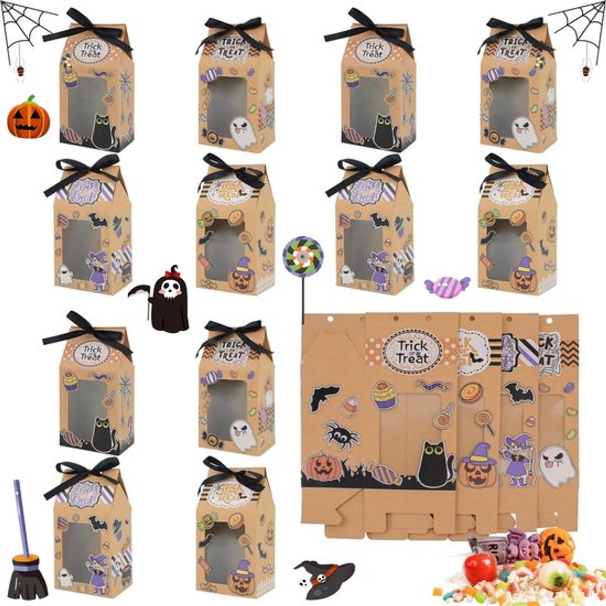 Snoepdoosjes 16 stuks - Halloween Traktatiedoosjes - Kraftpapier - Transparante Papieren Zakken - 4 Designs - Afmetingen 9 x 6,5 x 17,5 cm