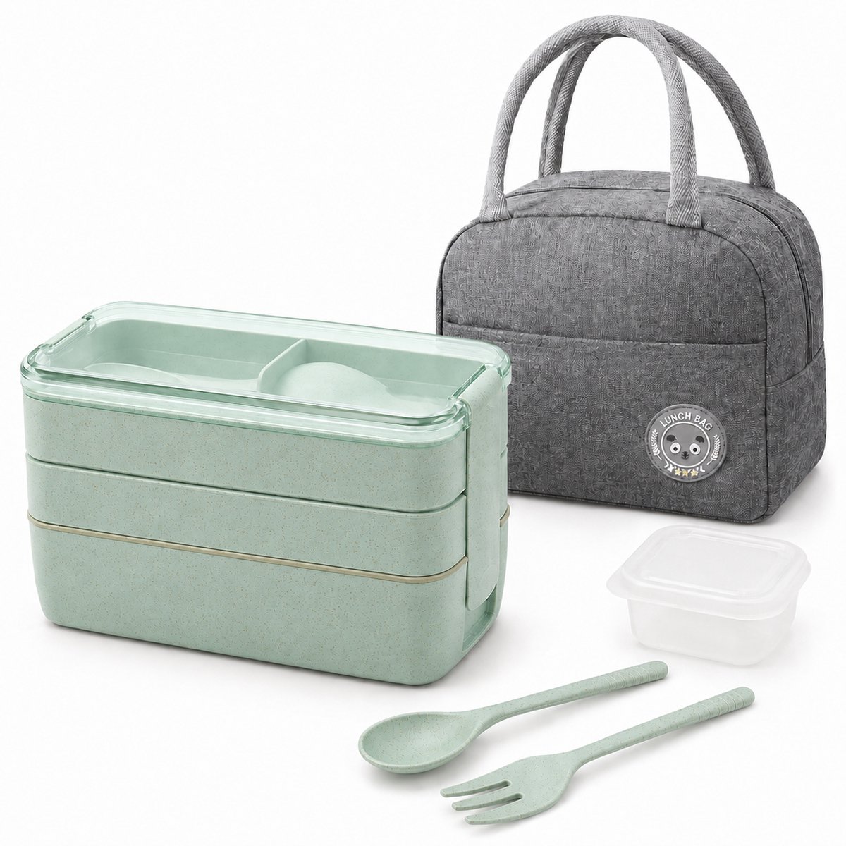 VHV - Lunchbox 900 ml - 3-Laagse Bento Lunchbox Set met Bestek, Sausbakje en Geïsoleerde Tas - Voor Werk, School en Picknick - Mintgroen