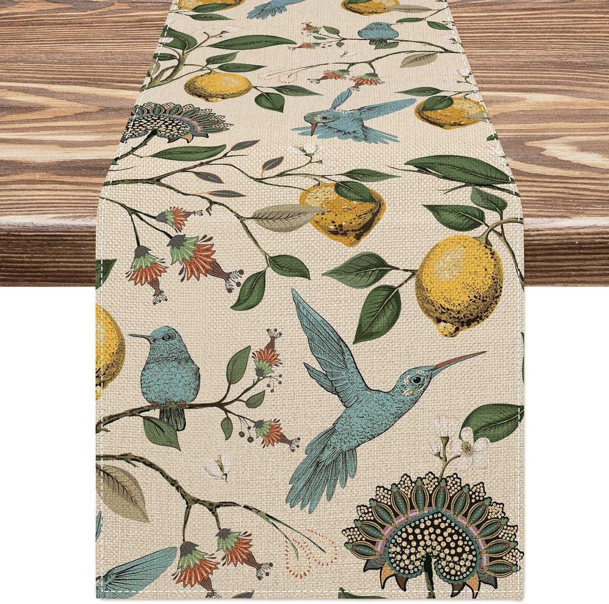 KZQ Tafelloper - Zomerse blauwe vogel met citroenboom, keukentafeldecoratie - Vintage seizoensdecoratie - Geschikt voor binnen- en buitenfeestjes - 33 x 183 cm