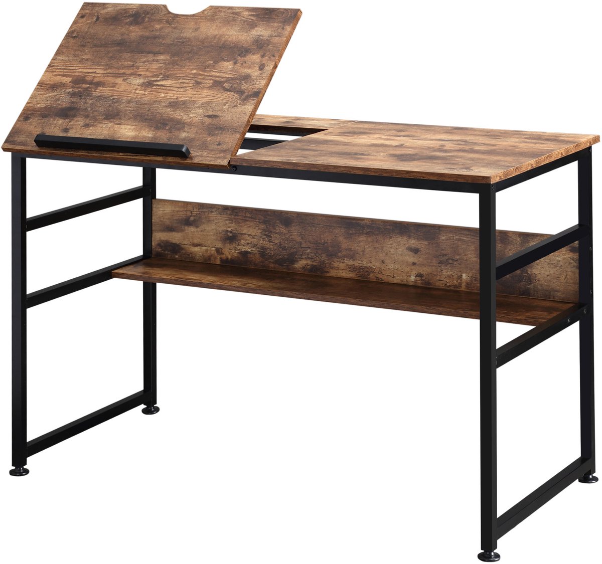 Kantelbare Tekentafel, Computerbureau in industrieel design - Opklapbaar blad, plank - Spaanplaat met verouderde houtlook en zwart metaal
