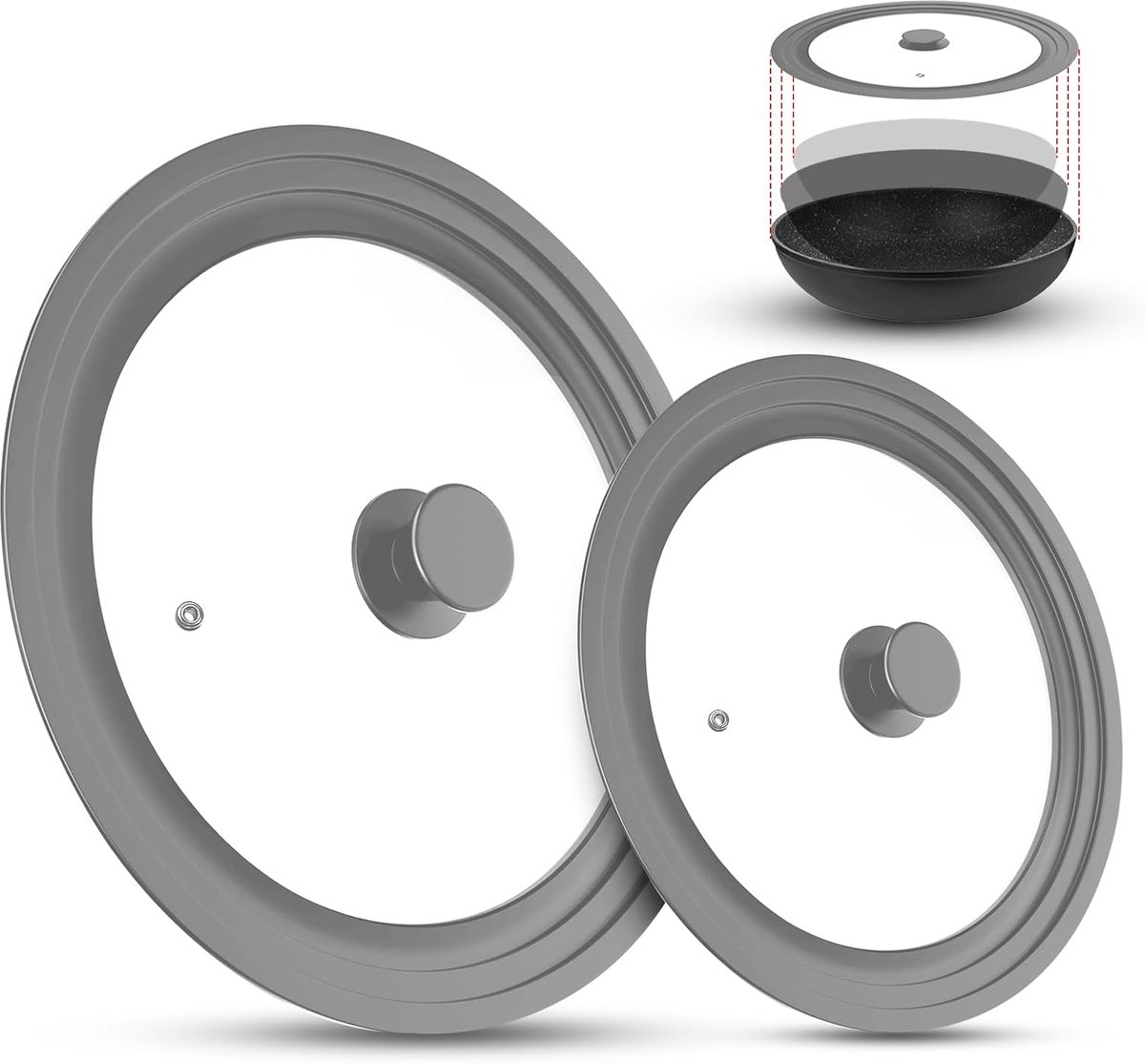 deksel, glazen deksel voor potten, hittebestendig pannendeksel met getrapte siliconen rand, voor potten en pannen, glazen deksel voor Ø 16/18/20 cm en Ø 24/26/28 cm (grijs)