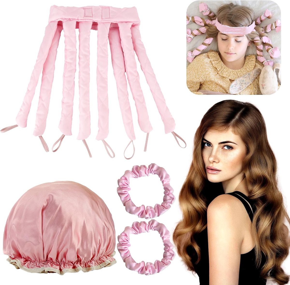 Krulspelden hoofdband, octopus-ontwerp, geen warmte nachtkrulspelden voor lang haar, doe-het-zelf stylingtools met scrunchie en haarbonnet
