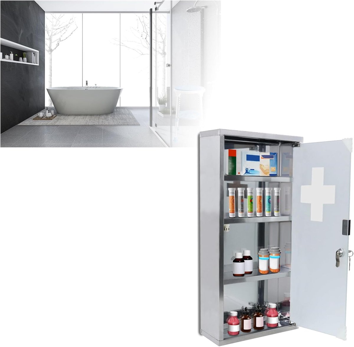 Medicine Armates Apotheek van Gesloten Dozen met 4 Compartimenten met Gehakte Glazen Deur voor Farmaceutische Producten, 30 x 12 x 57.5 cm
