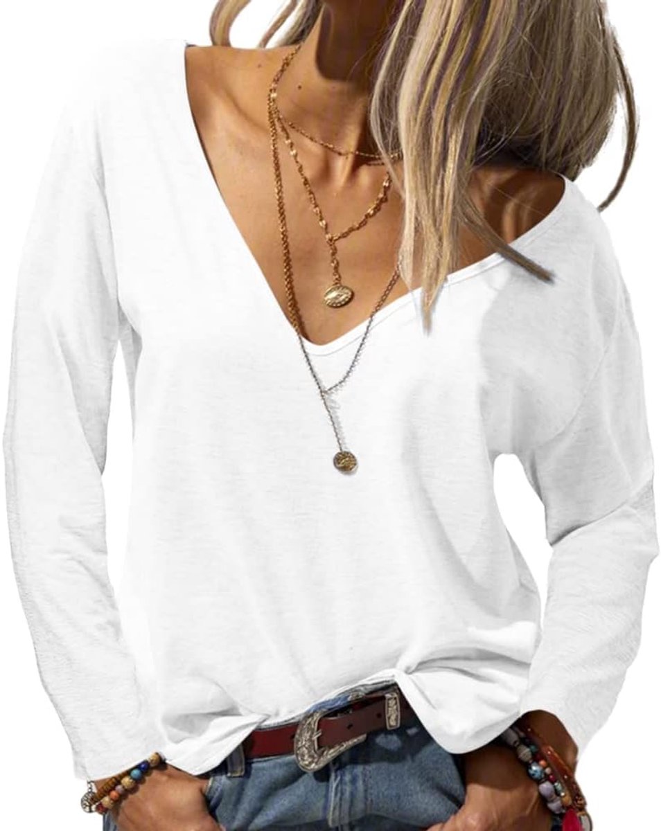 Tankaneo Dames Kleding Mode Diepe V-hals Lange Mouwen Solide Casual Losse Basic Top T-shirt, Wit, S