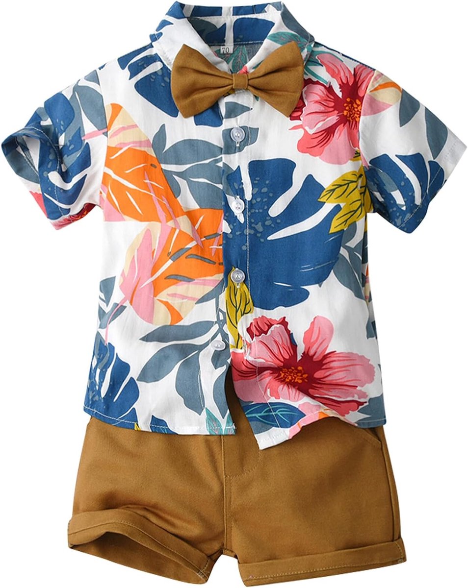 Hawaii pak kinderen jongens kleding set zomer 3 stuks vrije tijd pak kleine kinderen korte mouwen T-shirts bedrukt enkele rij overhemd baby strand shorts tas korte broek gentleman strik 70-130