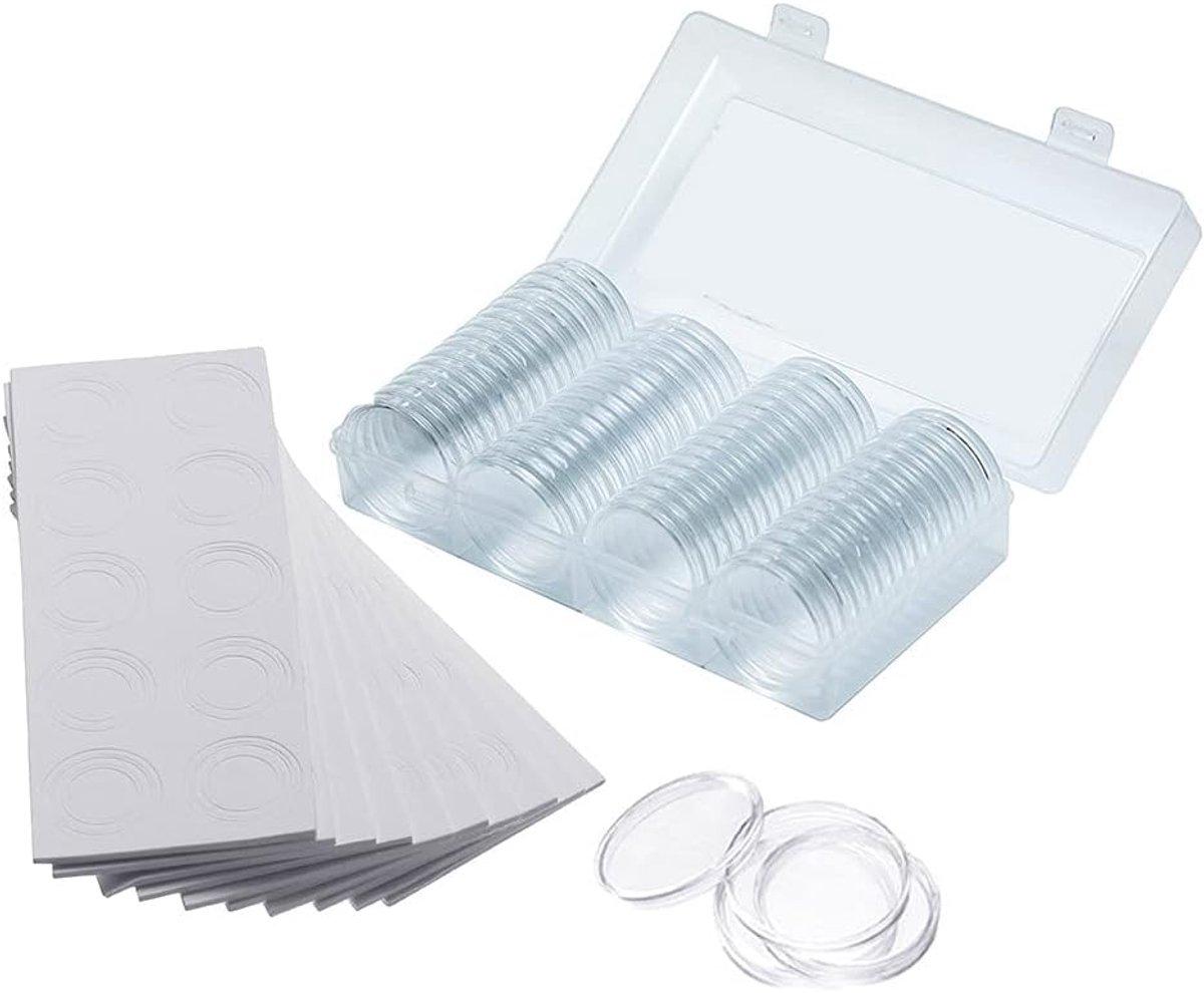 Munten Case Containerhouder Capsules Ronde Benodigdheden met 1 Stuk Opbergdoos en 60 Stuks Beschermende Schuim Pakking voor 19 mm - 41 mm Munten Collectie