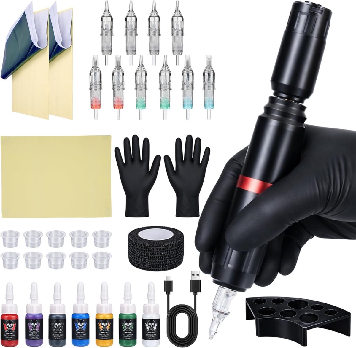 Lìon® Tattoo Machine - 17 Stuks - Tattoo kit Draadloos - Tattoo Machine met Accessoires - Zwart - 18cm x 18cm x 8cm