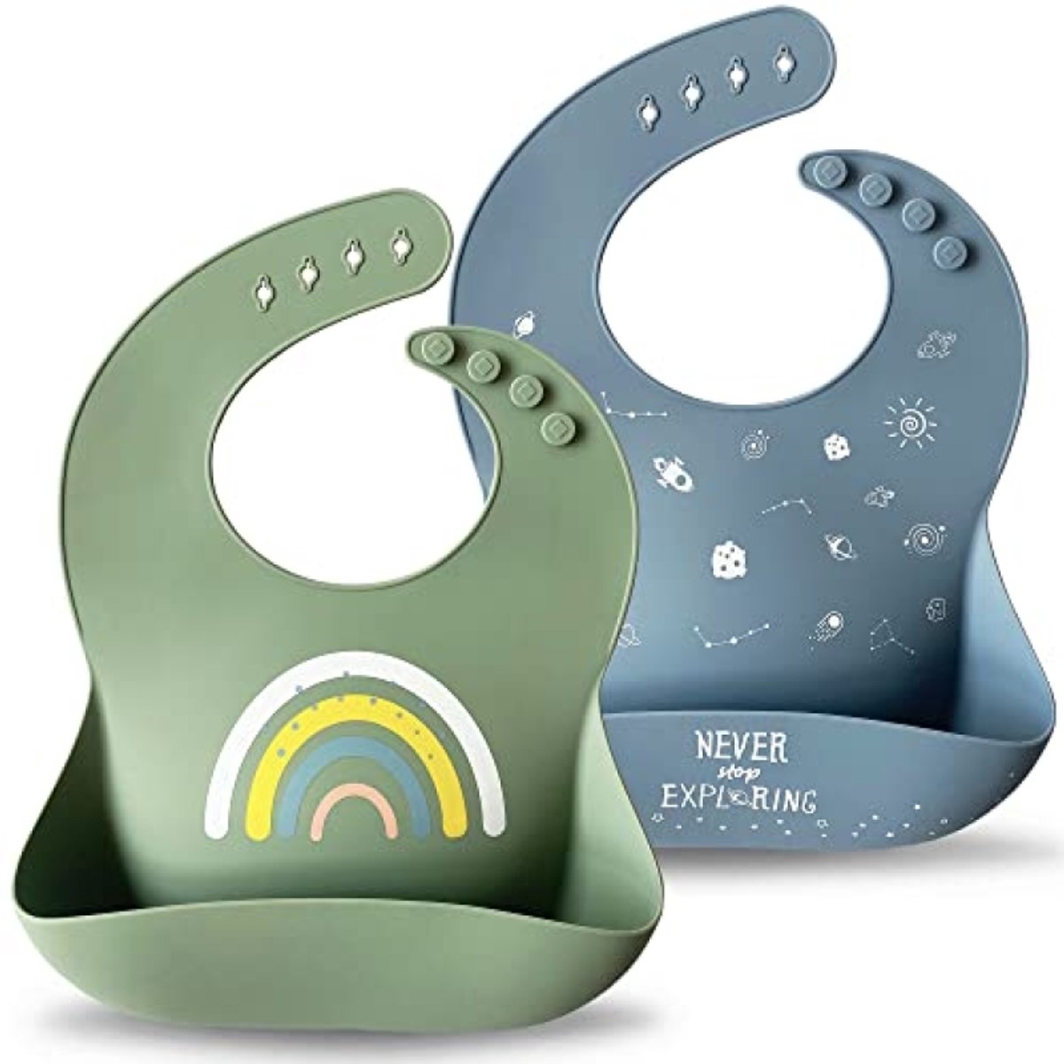 Nazik Living Siliconen Baby Slabbetjes 2-Pak - Verstelbare Voedingsslabbetjes met Opvangzak - BPA Vrij en Vaathwasmachinebestendig - Grijsblauw/Grijsgroen
