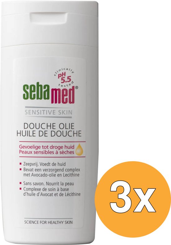 Witte fles Sebamed doucheolie voor gevoelige tot droge huid, met 3x op een oranje cirkel.