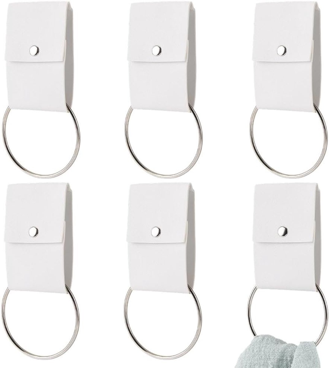Set van 6 Witte PU Leren Handdoekringen voor Keuken en Badkamer - Metalen Handdoekhaken met Leren Lus voor Oven Deur en Wanddecoratie, Ideaal voor Thuisgebruik en Keukenaccessoires