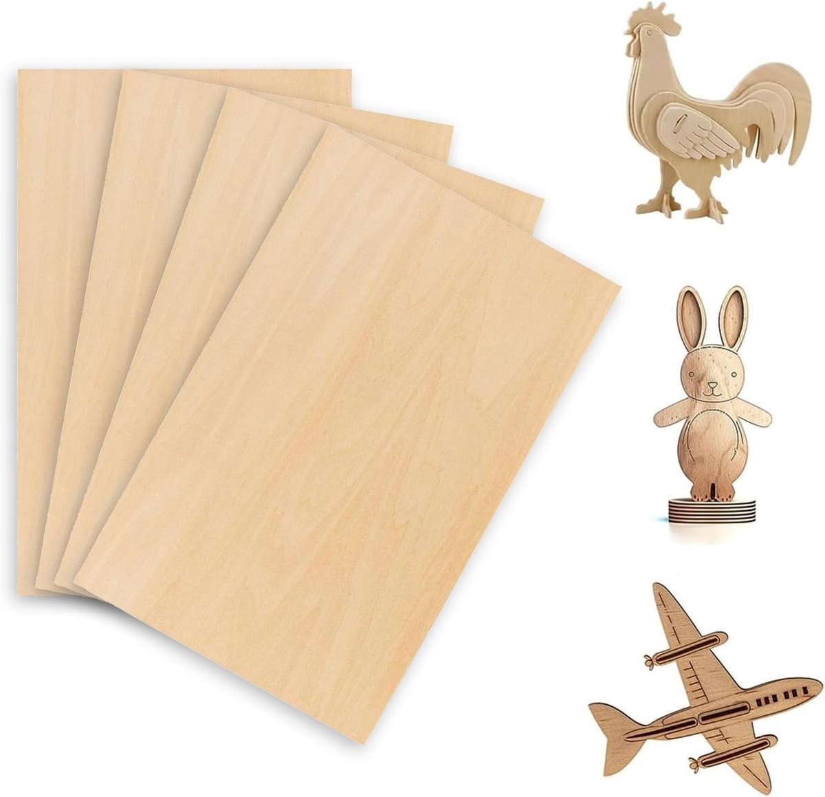 Set van 4 A4 Houten Panelen van 2 mm voor Creatieve Projecten, Modelbouw, Lasergravure en Schilderkunst