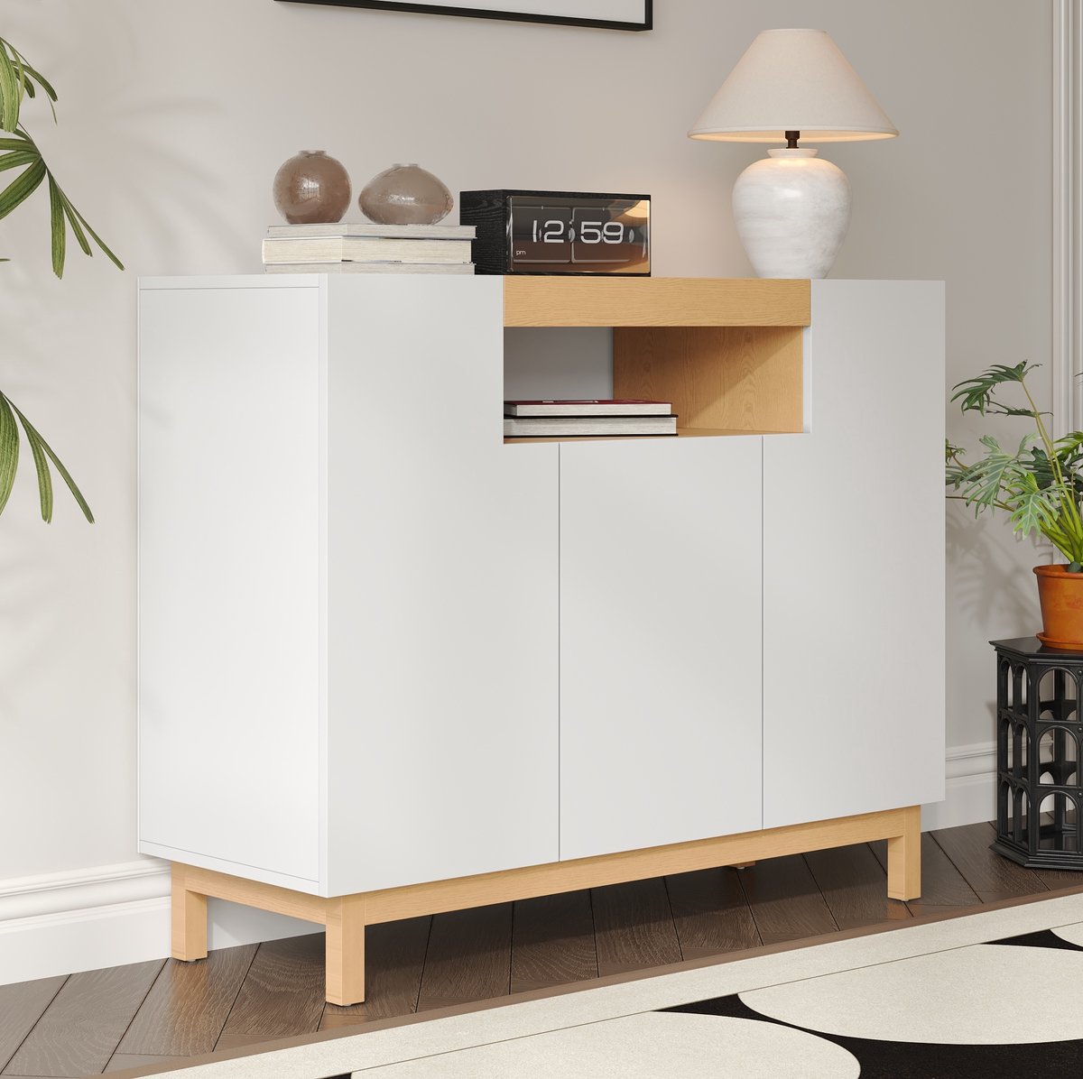 MEUNIQ dressoir 120,5 x 42 x 96 cm met 3 deuren en open vak, opbergkast voor woonkamer, eetkamer, slaapkamer of hal, wit met houtlook