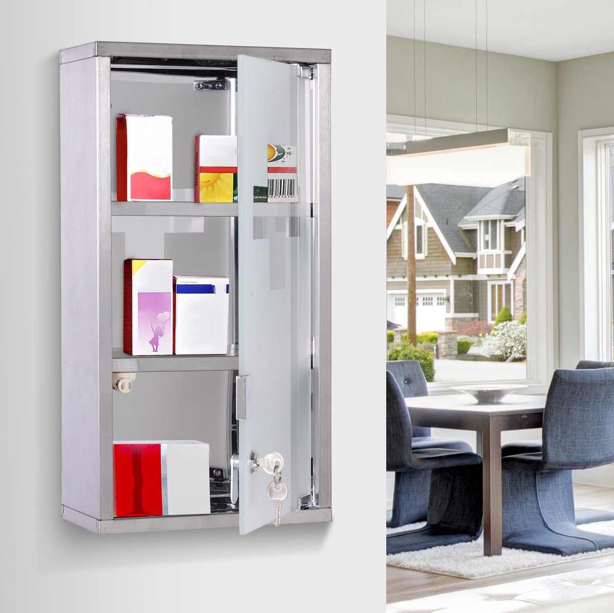 MEUNIQ afsluitbare medicijnkast 25 x 12 x 48 cm met 3 vakken, wandmontage, matglazen deur, 2 sleutels en RVS kast voor medicijnen en EHBO-artikelen