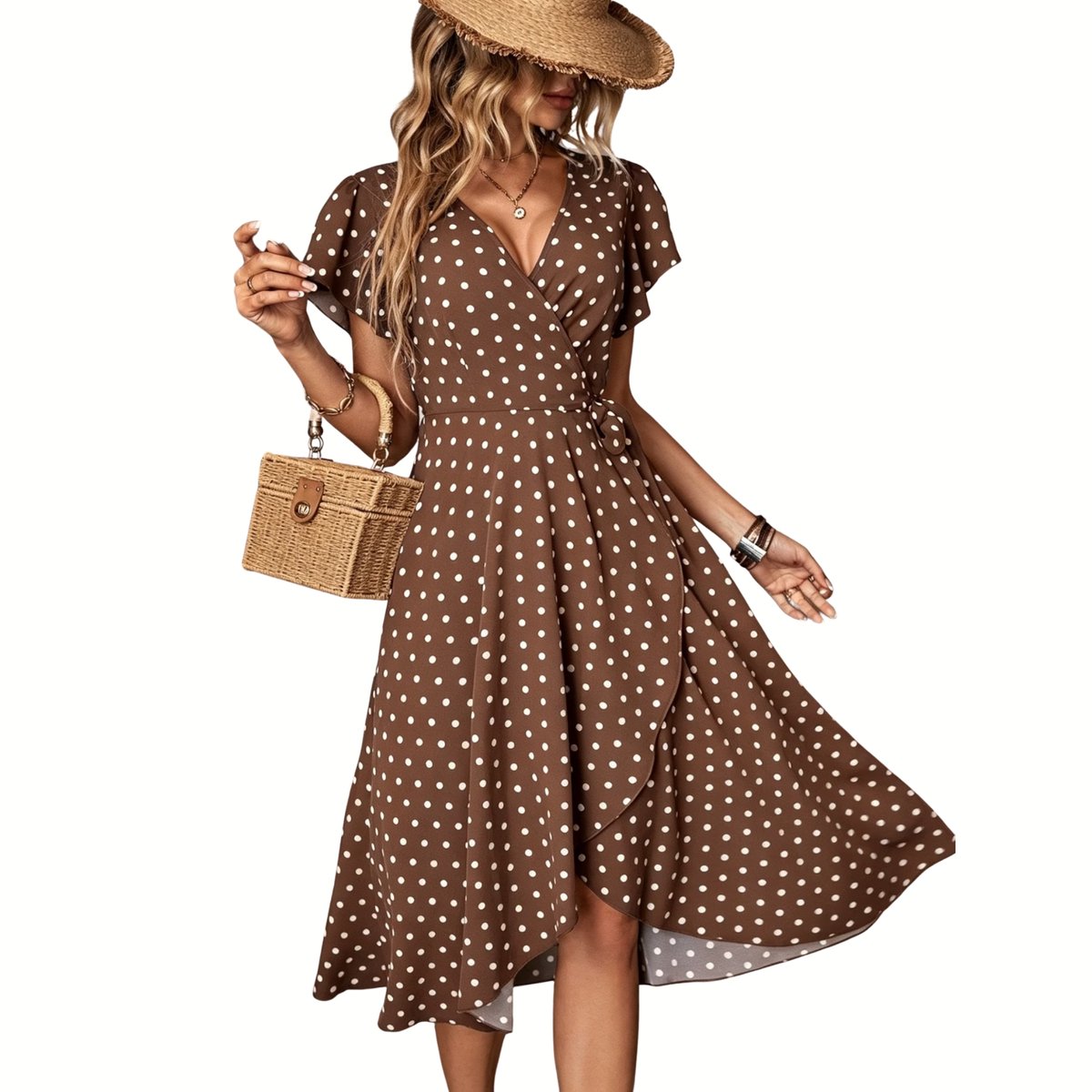 Currero Jurk Met Polkadots Stippen Zomerjurk Dames Zomerjurken Midi Jurk Volwassenen Ibiza Stijl Sundress Dress Donkerbruin XXL