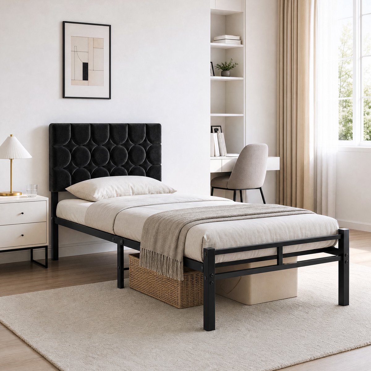 KUTAS Metalen Bedframe 90x200 cm - Stijlvol Eenpersoonsbed - Met Gestoffeerd Hoofdbord - Stevig & Antislip Ontwerp - Royale Opbergruimte - Eenvoudig te Monteren - Zonder Matras - Verstelbaar -Zwart