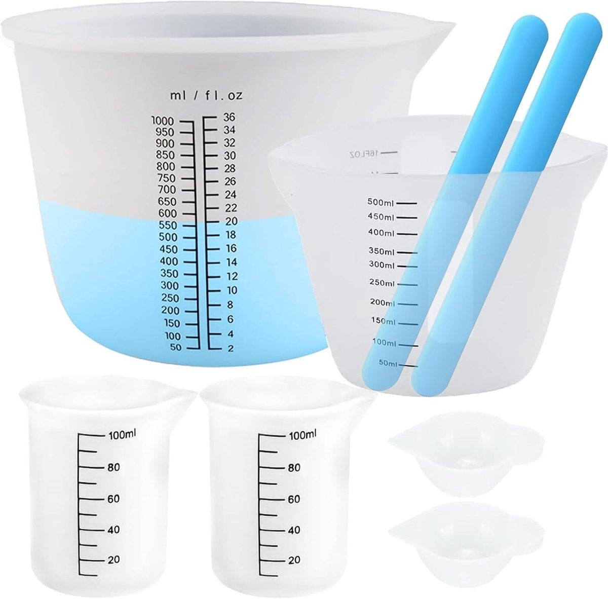 Siliconen Maatbekerset voor Epoxyhars - Wit - 1000 ml, 500 ml, 100 ml en 15 ml - Inclusief Roerstaafjes - Voor DIY en Knutselen