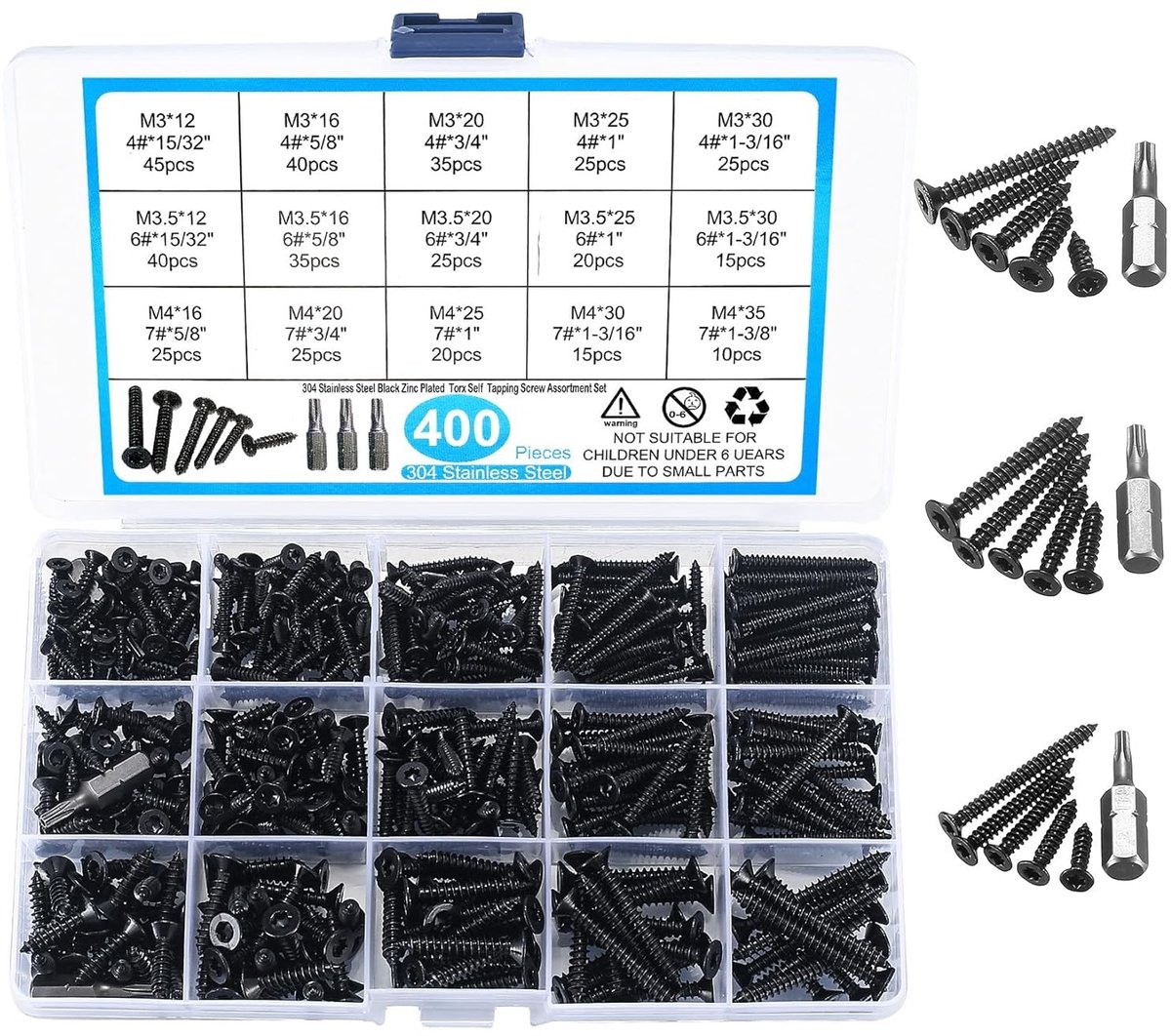 400 Stuks Zelftappende Schroeven Set, RVS Verzinkte Torx Schroeven voor Hout en Plafond, M3/M3.5/M4, 12/16/20/25/30/35mm, Perfect voor Klussen en Doe-Het-Zelf Projecten