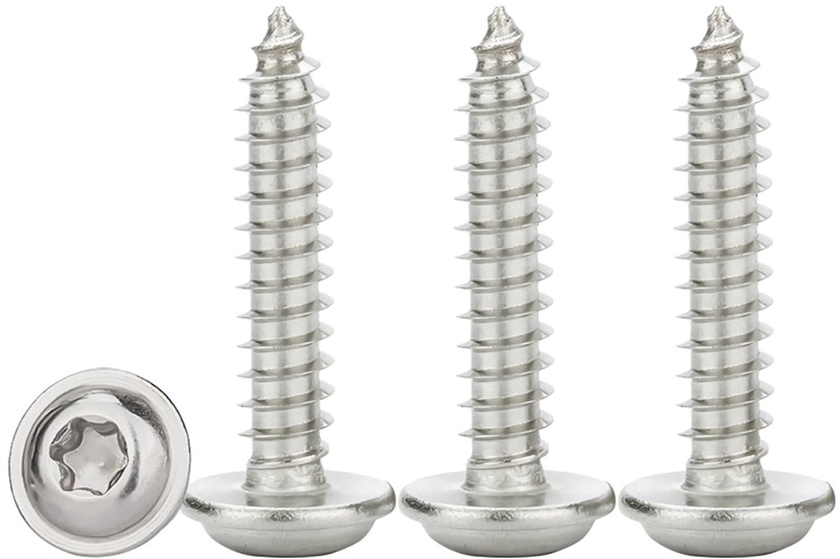 Platte kop M5x18mm schroeven, 50 stuks zelfborende RVS schroeven met ring voor hout, Torx vol draad